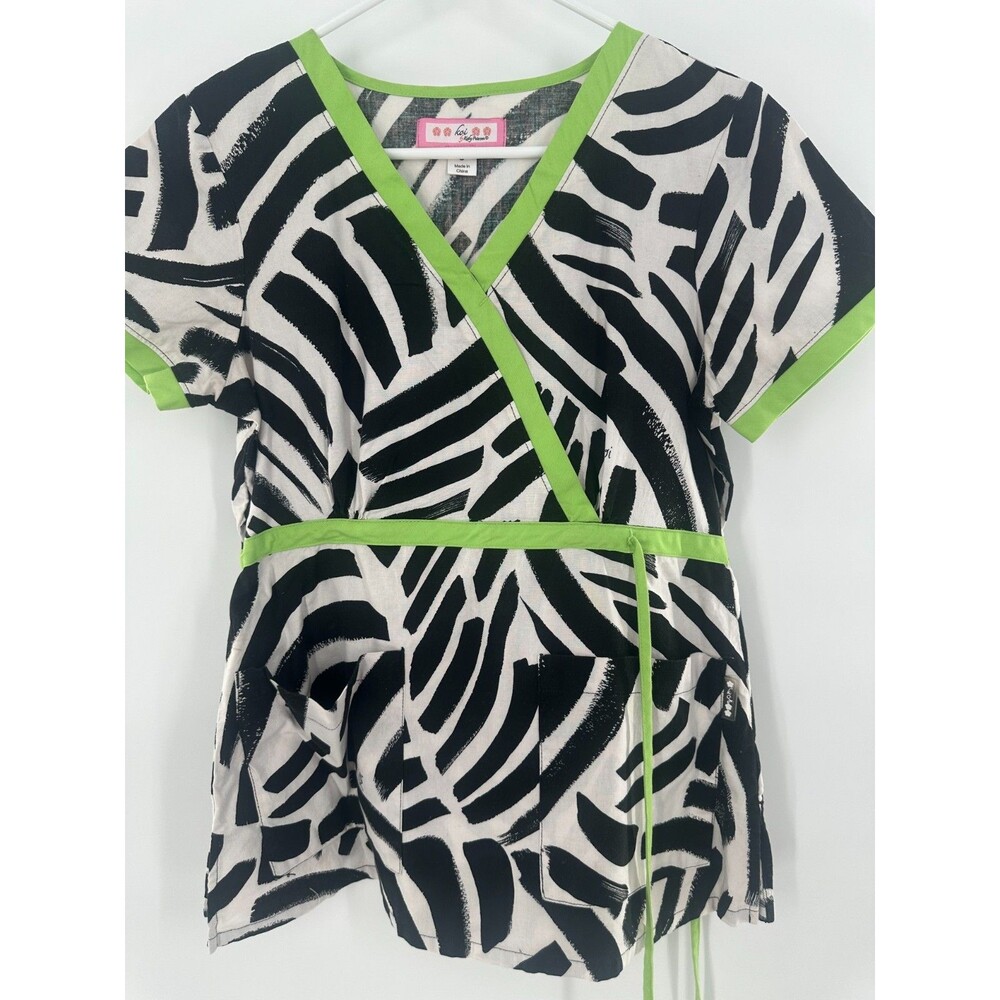 Koi Kathy Peterson Katelyn Mock Wrap Scrub Black White Abstract Lime Green Sz S